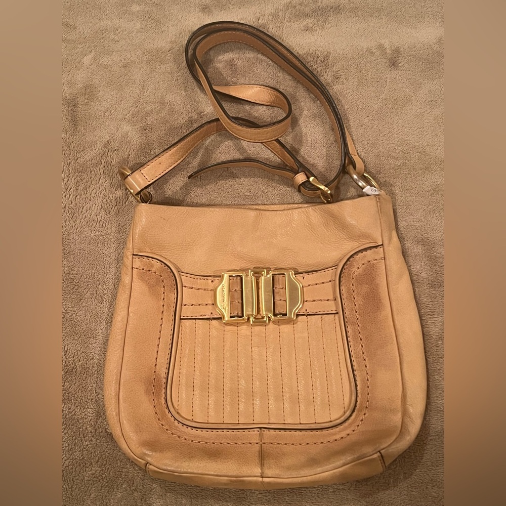 Vintage Tan Nude Pebbled Leather Crossbody Bag B. Makowsky